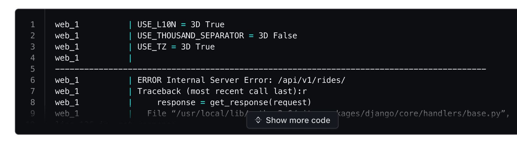 Collapsed Code Block showing limited lines and a 'Show more code' button at the bottom.